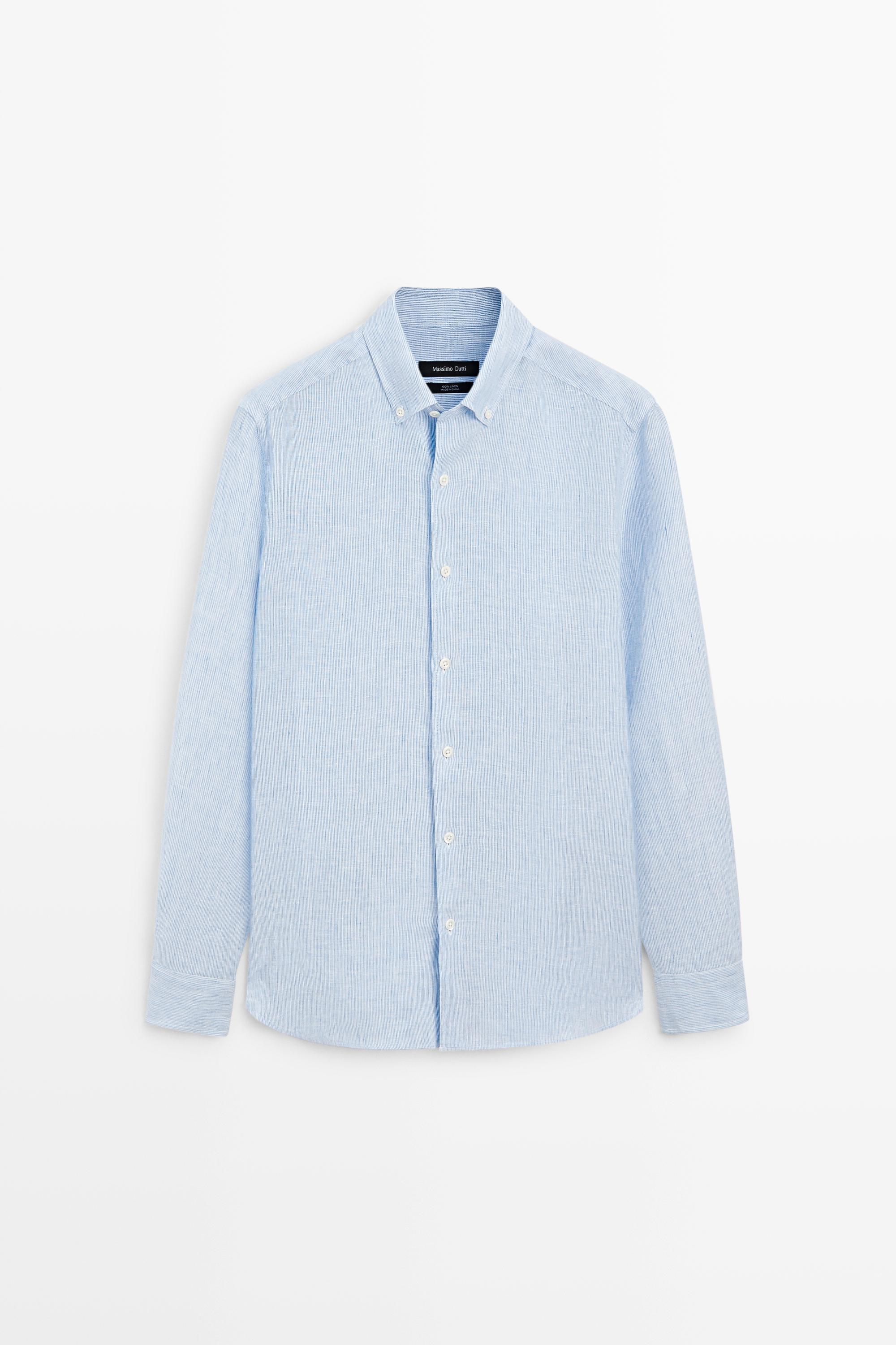 Regular fit pinstriped 100% linen shirt